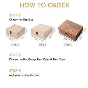 May include: Image showing three wooden boxes of different sizes, labeled A, B, and C. Size A is 19.5 cm x 19.5 cm x 10 cm. Size B is 23 cm x 23 cm x 10 cm. Size C is 26 cm x 19 cm x 11 cm. The image also includes text: "HOW TO ORDER".