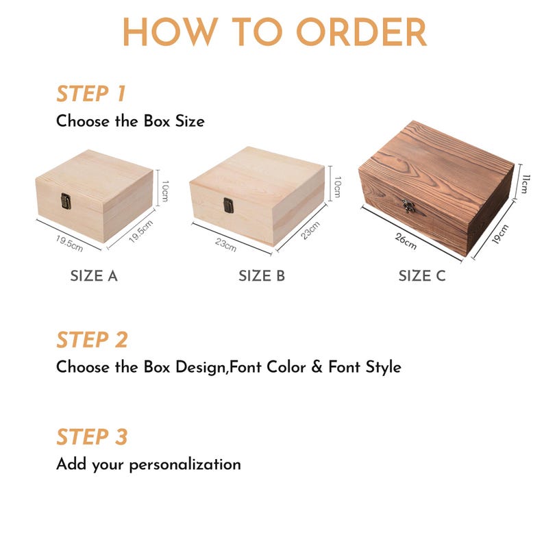 May include: Image showing three wooden boxes of different sizes, labeled A, B, and C. Size A is 19.5 cm x 19.5 cm x 10 cm. Size B is 23 cm x 23 cm x 10 cm. Size C is 26 cm x 19 cm x 11 cm. The image also includes text: "HOW TO ORDER".