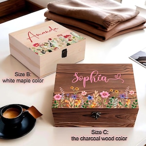 Personalised wooden Wildflower Jewellery Box,Large keepsake box with pyrography floral design,Flower box,Gift for couple image 2