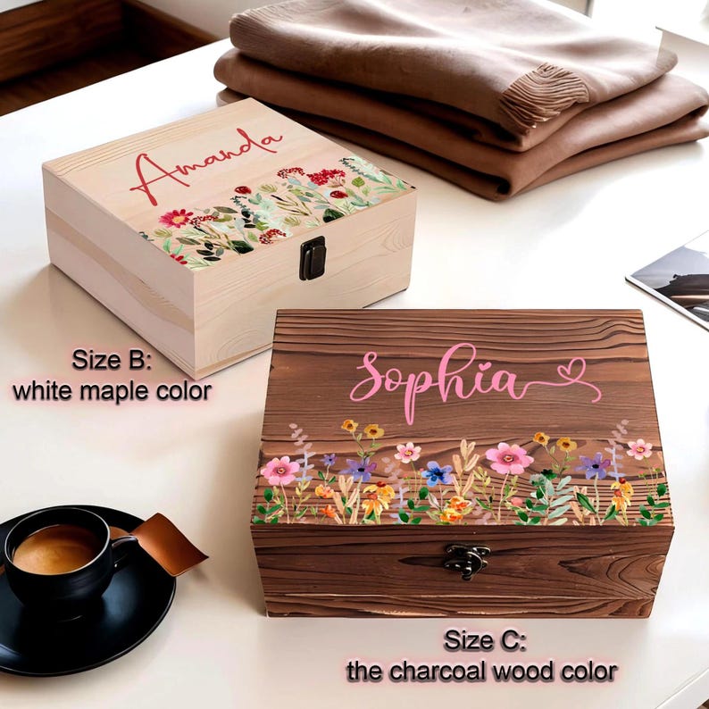 Personalised wooden Wildflower Jewellery Box,Large keepsake box with pyrography floral design,Flower box,Gift for couple image 2