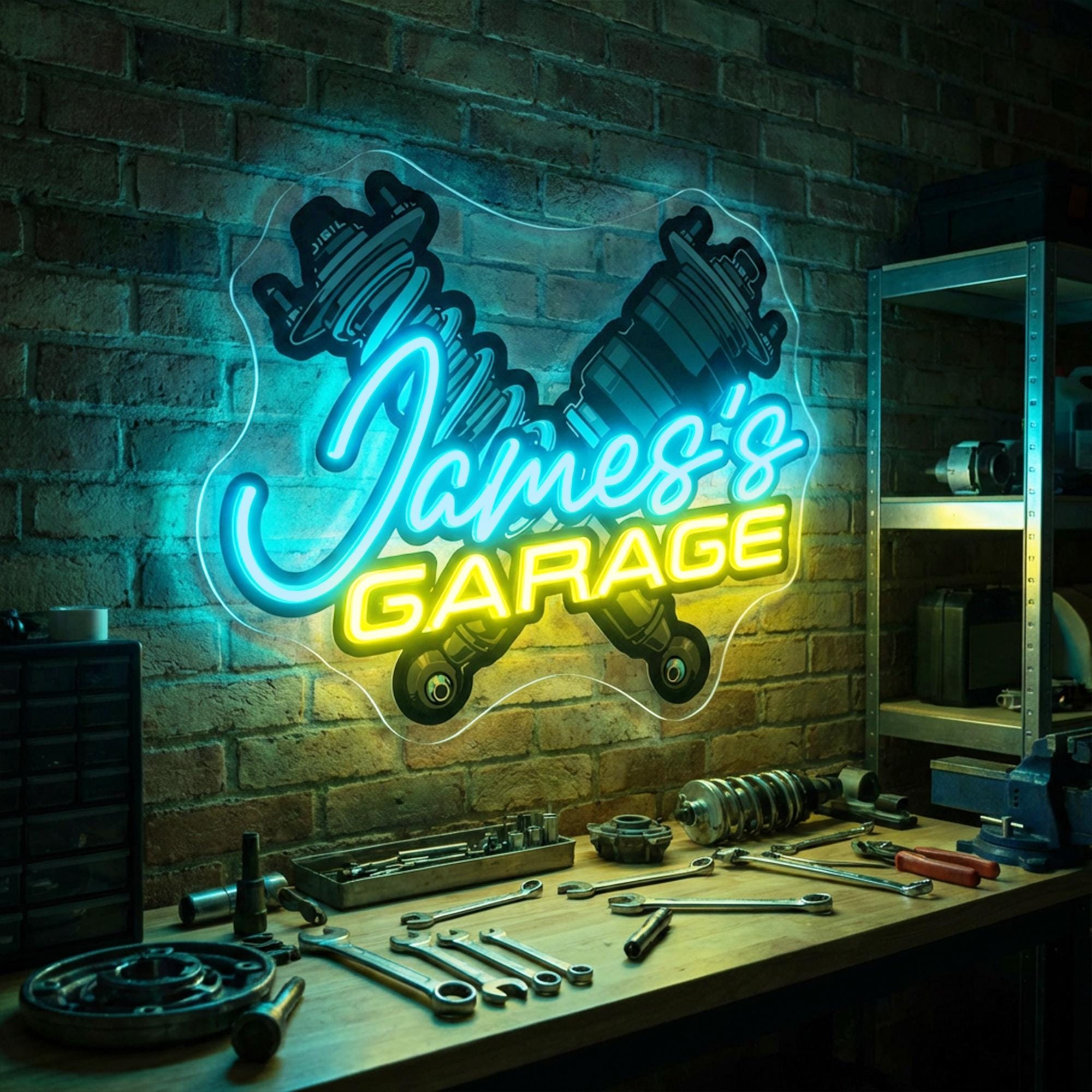 Custom [name]'s Garage Parts Neon Sign – Wrench & Gear LED Light