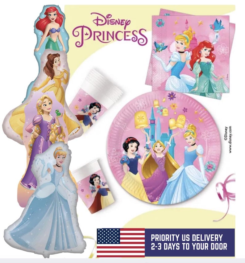 May include: A Disney Princess party supply set featuring Ariel, Belle, Rapunzel, Cinderella, and Snow White. The collection includes shaped foil balloons, paper plates, and paper cups, all decorated with colorful character illustrations and castle motifs.