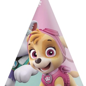May include: A party hat featuring the character Skye from Paw Patrol. The hat is primarily pink with a light pink background and a cartoon image of Skye in a pink outfit. The hat is cone-shaped and designed for a birthday celebration.