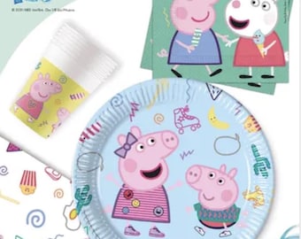 May include: A Peppa Pig themed party supplies set. Includes a light blue plate, napkins, and a cup, all featuring Peppa Pig and her family. The plate has a scalloped edge and a light blue background.
