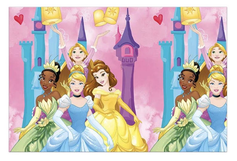 May include: A repeating pattern featuring animated princesses including Tiana, Cinderella, Belle, and Rapunzel against a pink background with a purple castle, yellow floating lanterns, and small red hearts. The characters wear their iconic gowns.