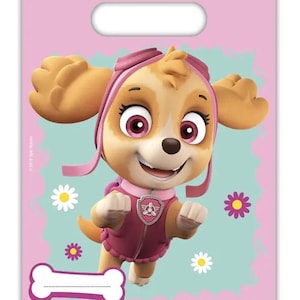 May include: Pink party favor bag featuring Skye from Paw Patrol. The bag has a handle and a bone-shaped area for writing. Skye is depicted in a pink aviator helmet and jacket, with a smiling expression and surrounded by flowers.