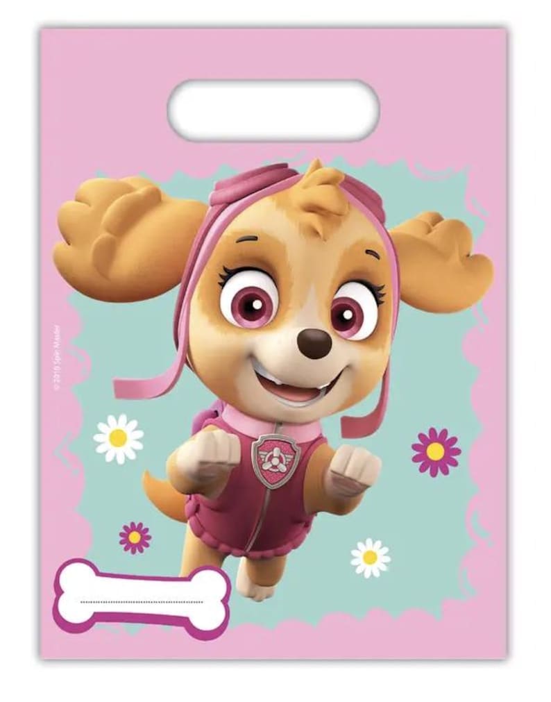 May include: Pink party favor bag featuring Skye from Paw Patrol. The bag has a handle and a bone-shaped area for writing. Skye is depicted in a pink aviator helmet and jacket, with a smiling expression and surrounded by flowers.