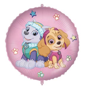 May include: A round, pink foil balloon featuring two cartoon characters from the Paw Patrol series. One is a gray husky wearing a teal and purple outfit, and the other is a brown dog wearing a pink vest. The balloon is decorated with paw prints and stars.