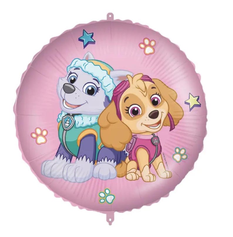 May include: A round, pink foil balloon featuring two cartoon characters from the Paw Patrol series. One is a gray husky wearing a teal and purple outfit, and the other is a brown dog wearing a pink vest. The balloon is decorated with paw prints and stars.