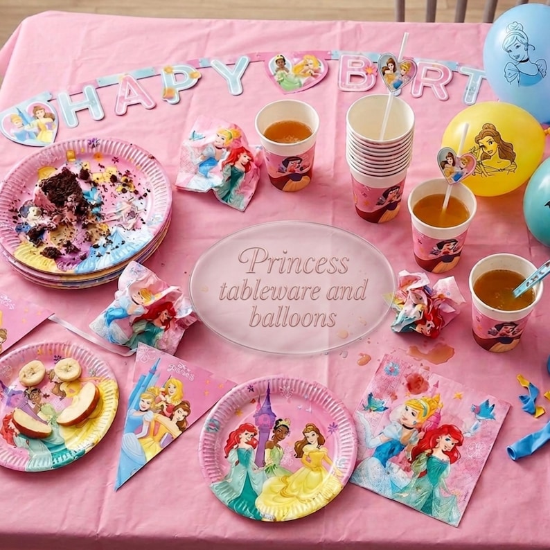 Princess of Disney birthday table ware decorations & Balloons | Ariel Sleeping Beauty Cinderella Snow white Jasmine Cartoon kids birthday image 1