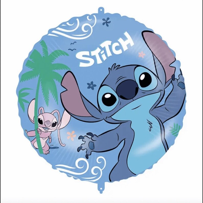 May include: A round blue foil balloon featuring a large illustration of the character Stitch with his arms outstretched. The design includes a smaller pink character, a green palm tree, white swirling wind patterns, and the text Stitch.