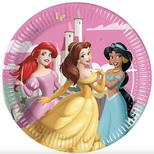 May include: A round paper plate featuring a pink background with a castle and three Disney princesses: Ariel with red hair in a pink dress, Belle in a yellow ballgown, and Jasmine in a turquoise outfit. Small butterflies are scattered around.