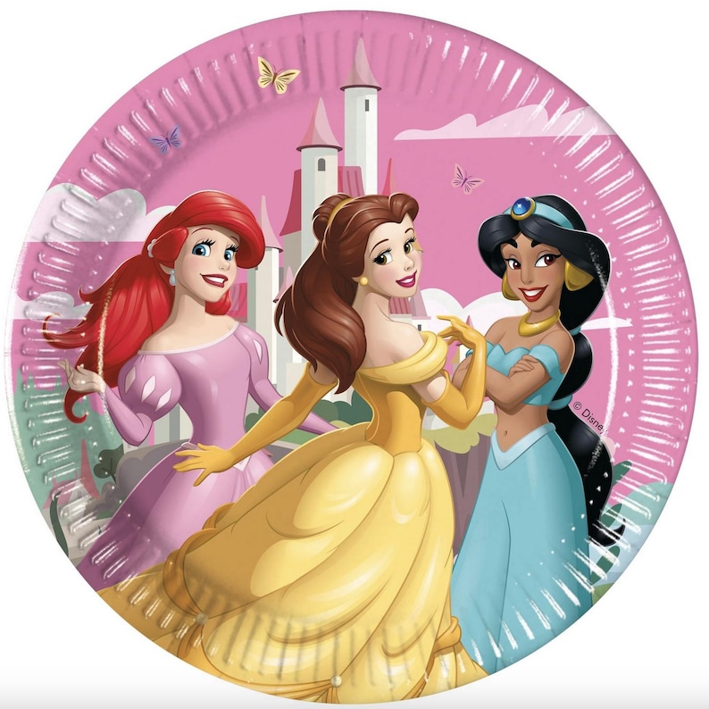 May include: A round paper plate featuring a pink background with a castle and three Disney princesses: Ariel with red hair in a pink dress, Belle in a yellow ballgown, and Jasmine in a turquoise outfit. Small butterflies are scattered around.