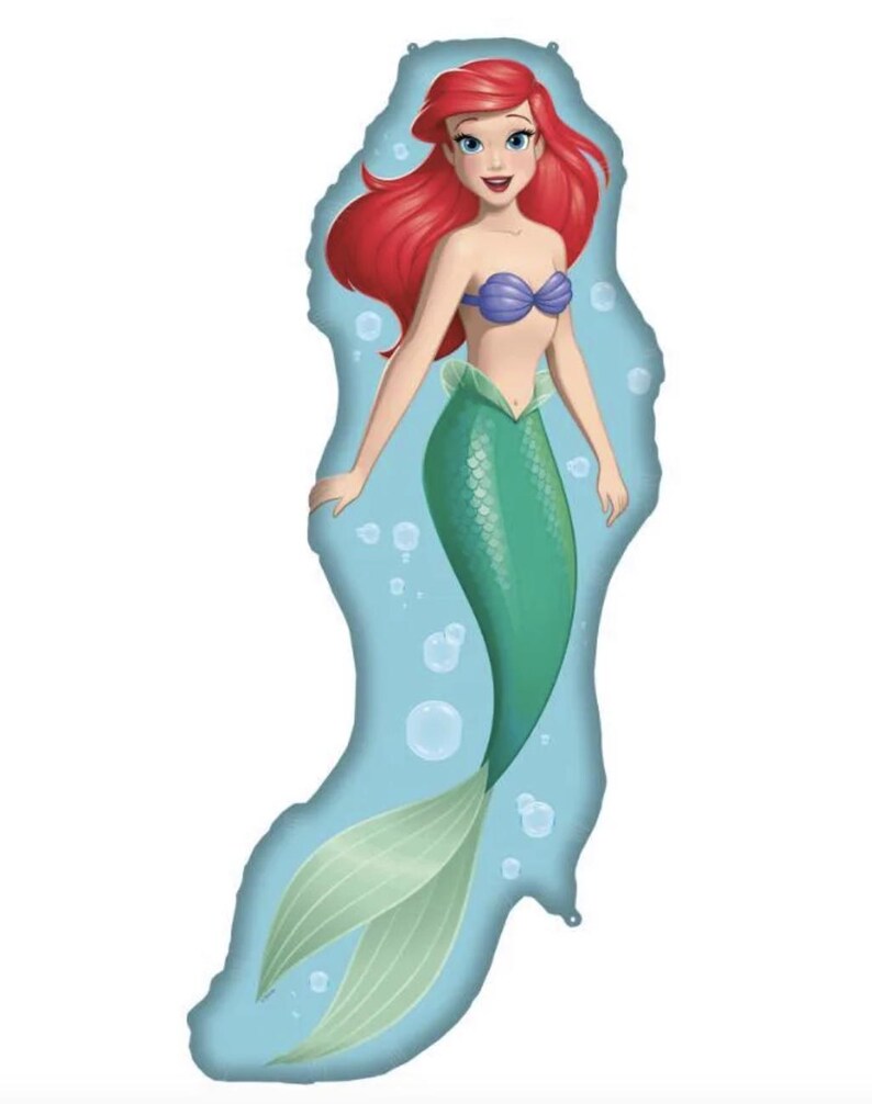 May include: A foil balloon shaped like a mermaid with long red hair, a purple seashell top, and a green scaly tail. The background of the balloon is light blue with white circular bubbles floating around the character's body and tail.