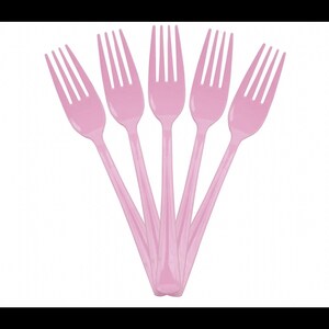May include: Five light pink plastic forks arranged in a fan shape. Each fork features four tines and a smooth, solid handle. The forks are identical in design and color, positioned with the handles meeting at the bottom and tines fanned outward.