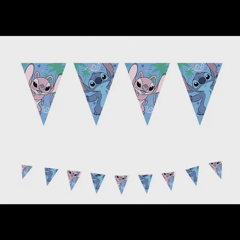 May include: A set of triangular bunting flags featuring alternating illustrations of a blue alien character and a pink alien character against a light blue background with palm tree silhouettes and small star accents, arranged in two horizontal rows.