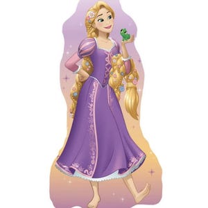 May include: A die-cut foil balloon featuring a cartoon character with long blonde hair braided with flowers, wearing a purple dress with pink sleeves and a lace-up bodice. The character is barefoot and holds a small green frog in one hand.