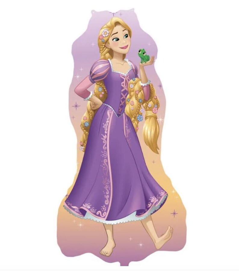 May include: A die-cut foil balloon featuring a cartoon character with long blonde hair braided with flowers, wearing a purple dress with pink sleeves and a lace-up bodice. The character is barefoot and holds a small green frog in one hand.