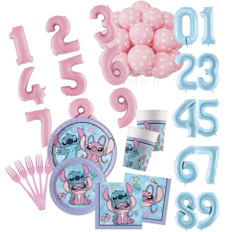 May include: A party supply set featuring pink and light blue number balloons, pink polka-dot balloons, light pink plastic forks, and paper plates, cups, and napkins decorated with blue and pink cartoon characters and space-themed motifs.