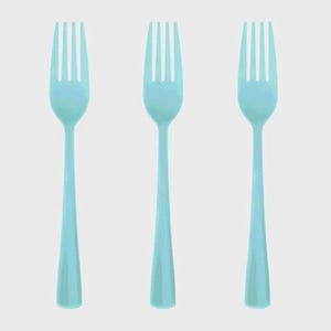 May include: A set of three identical light blue forks arranged vertically in a row. Each fork features a long, slender handle and four tines. The design is uniform, with a smooth, solid color finish across the entire surface of each utensil.