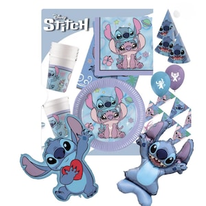 May include: A Disney Stitch themed party supply set featuring paper plates, napkins, cups, party hats, triangular pennant banners, and balloons. The items display blue and pink character graphics, including Stitch and Angel, with the text Stitch.