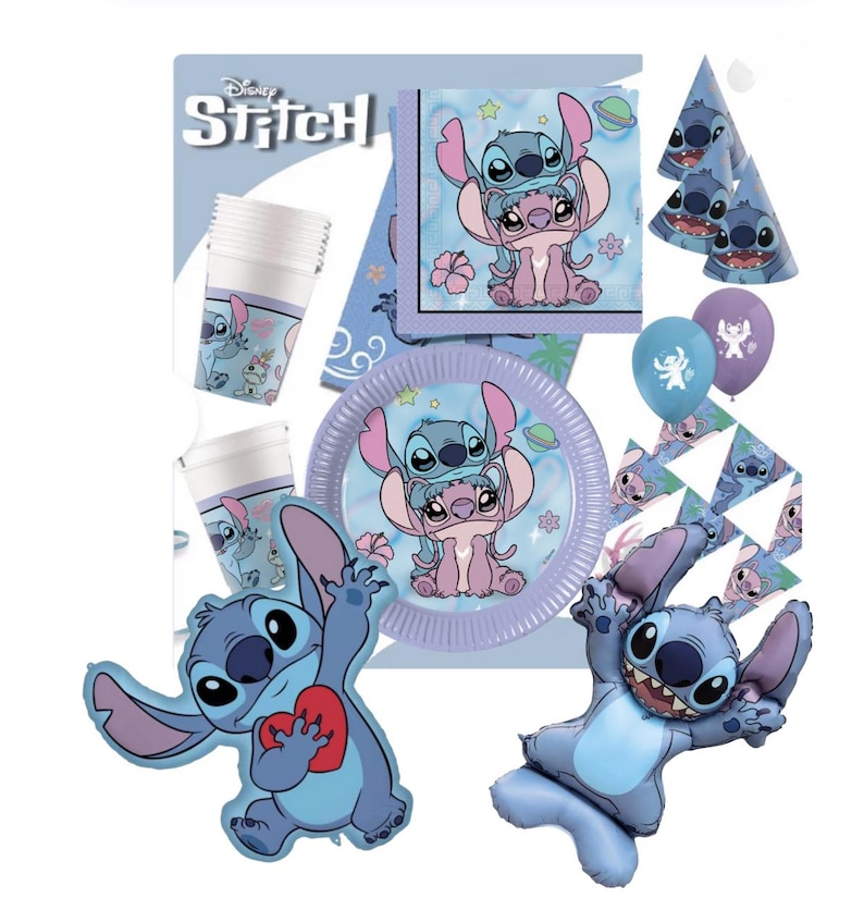 May include: A Disney Stitch themed party supply set featuring paper plates, napkins, cups, party hats, triangular pennant banners, and balloons. The items display blue and pink character graphics, including Stitch and Angel, with the text Stitch.