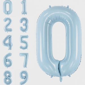 May include: A collection of light blue foil balloons shaped as the numbers zero through nine. Each balloon features a smooth, metallic finish and a distinct numeral design. A large version of the number zero is displayed prominently on the right side.