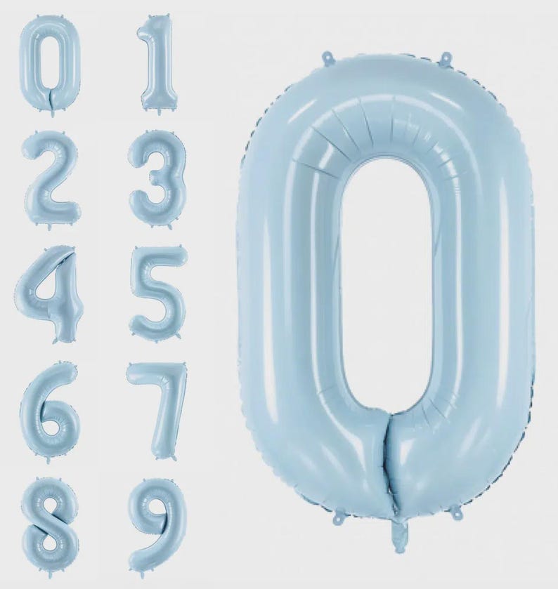 May include: A collection of light blue foil balloons shaped as the numbers zero through nine. Each balloon features a smooth, metallic finish and a distinct numeral design. A large version of the number zero is displayed prominently on the right side.