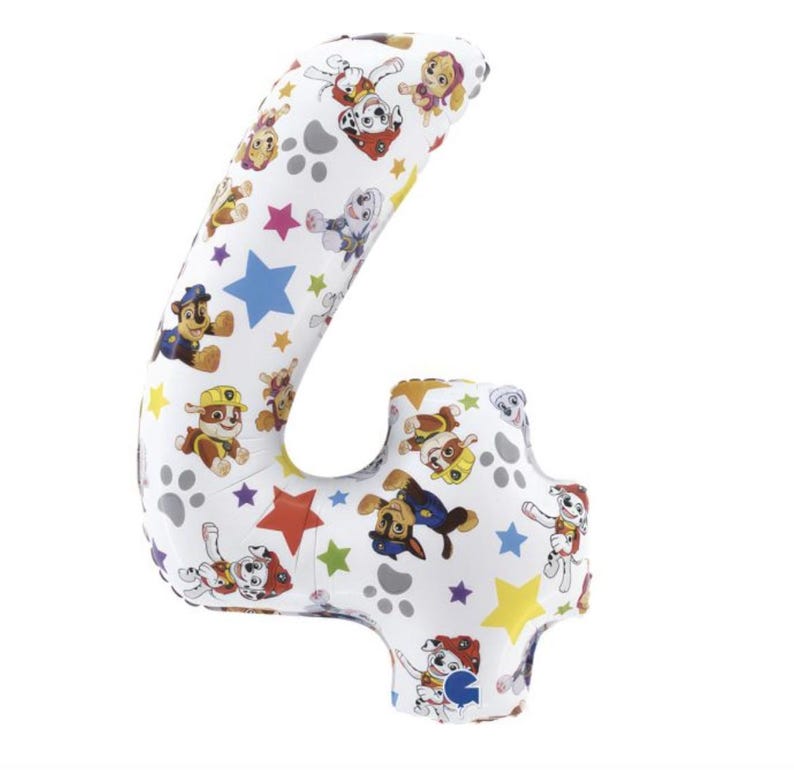 May include: A foil balloon in the shape of the number four. The balloon is white with a pattern of Paw Patrol characters, paw prints, and colorful stars. Perfect for a child's birthday party.