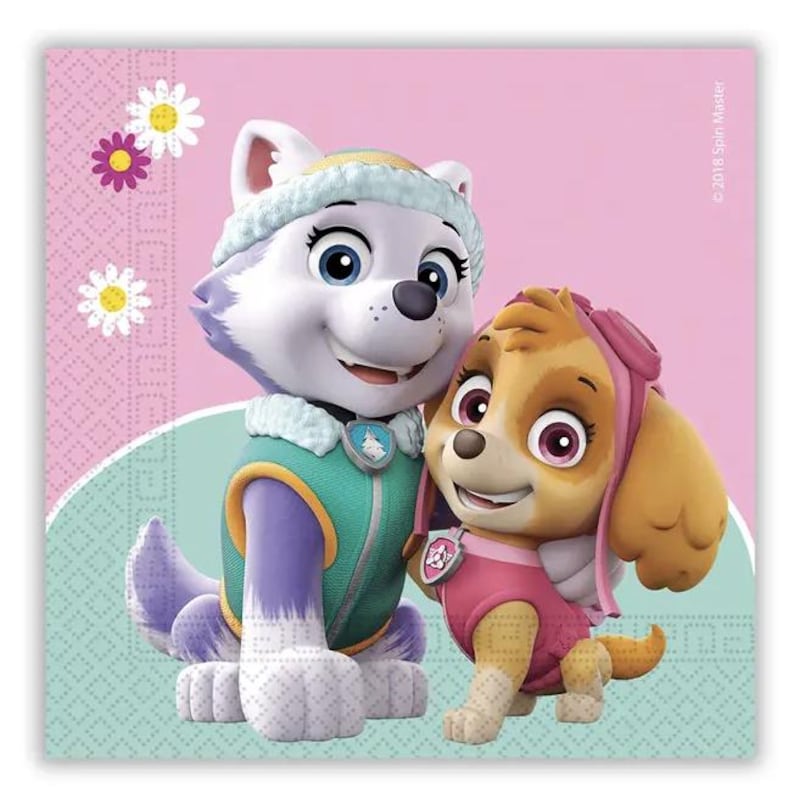 May include: A square image featuring two cartoon characters from the Paw Patrol series. One character is a white and purple dog wearing a teal and green outfit. The other is a tan dog wearing a pink outfit. The background is pink and light green.
