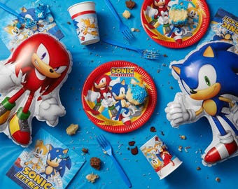 Sonic kids birthday party tableware and balloons, bday Sonic Theme decoration