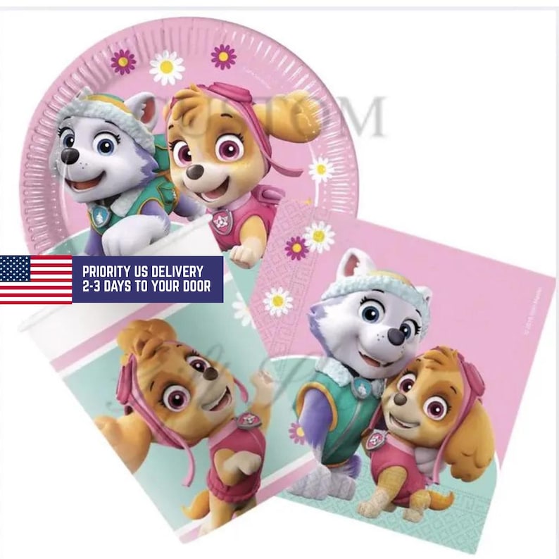 May include: Pink party supplies featuring cartoon characters. The set includes plates and cards with images of cartoon dogs. The plate has a daisy and flower design. The text on the image says "PRIORITY US DELIVERY 2-3 DAYS TO YOUR DOOR".