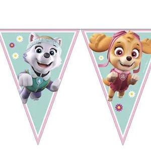May include: A banner featuring four triangular flags with cartoon characters. Two flags depict a tan-colored dog with pink accents, and the other two show a white dog with blue accents. The flags have a light green background with floral details and pink borders.