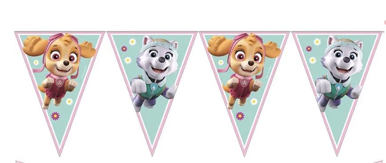 May include: A banner featuring four triangular flags with cartoon characters. Two flags depict a tan-colored dog with pink accents, and the other two show a white dog with blue accents. The flags have a light green background with floral details and pink borders.