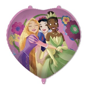 May include: A heart-shaped foil balloon featuring a colorful illustration of three animated princesses. The design displays Rapunzel, Snow White, and Tiana standing together against a pink background decorated with large purple and yellow flowers.