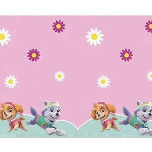 May include: Pink background with white and purple flower graphics. Features two pairs of cartoon puppies from the Paw Patrol series. One pair is brown and the other is white, both wearing colorful outfits.