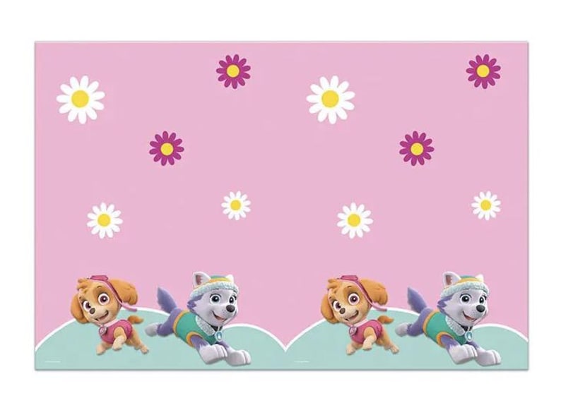 May include: Pink background with white and purple flower graphics. Features two pairs of cartoon puppies from the Paw Patrol series. One pair is brown and the other is white, both wearing colorful outfits.