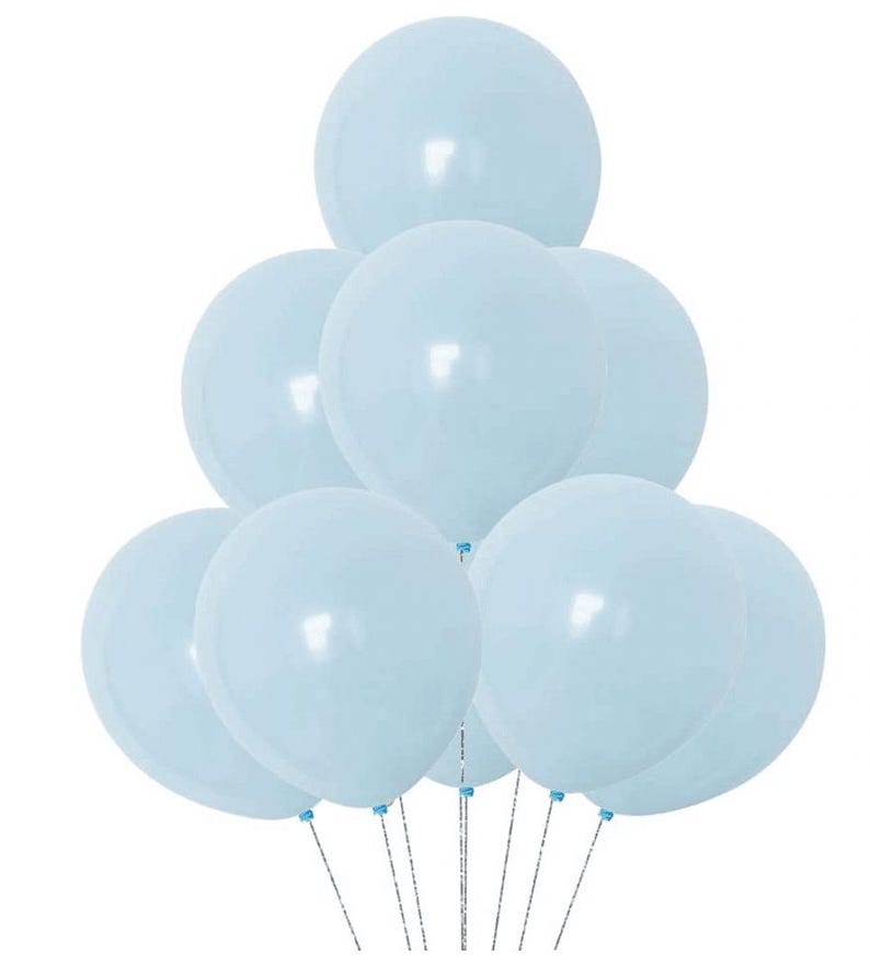 May include: A cluster of eight round, light blue balloons arranged in a pyramid formation. Each balloon has a smooth, matte finish and is attached to a thin, silver-colored string at the base, creating a uniform and cohesive decorative display.