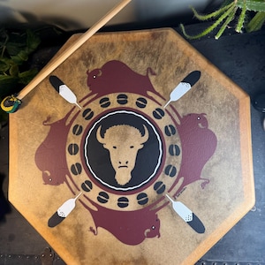 VTG 1998 All One Tribe 16" Hand Drum w/Mallet Carl Winters Buffalo Art & Jonald Lowe Dual Signed Southwest Native American Folk Decor MINT