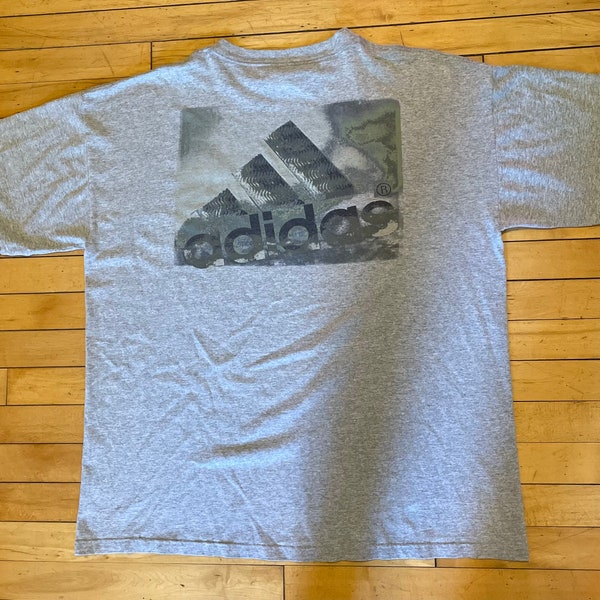 Vintage 90s 1990s Adidas Essential Tee Shirt With Back Spell Out - 3 Stripe - Vintage Essential - Short Sleeve Tee - Made In USA - Size XL