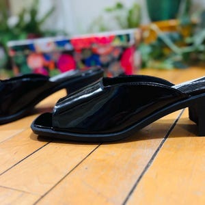 Vintage 90s Black Patent Leather Mules: Square Toe Block Heel, Women&#39;s Size 7.5
