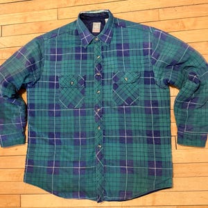 Vintage 90s 1990s Outdoor Exchange Distressed Green and Blue Plaid Quilt Lined Shirt Jacket Shacket - Insulated Shacket - Size XL
