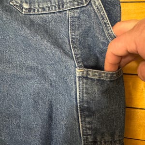 May include: Close-up of blue denim work pants with a pocket. The pocket is being held open by a hand. The denim has a worn appearance with visible stitching and a classic workwear aesthetic.
