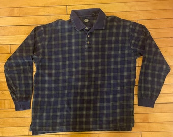 Vintage 90s 1990s Dockers Long Sleeve Blue Plaid Polo - Vintage Dockers Polo - Streetwear - Preppy - Made In USA - Size XL