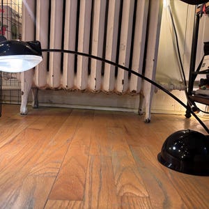 May include: A black desk lamp with a cat-shaped head and a curved arm. The lamp has a round base and a bright white light. The lamp is on a hardwood floor.
