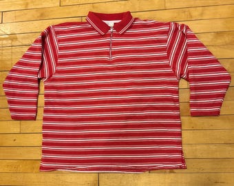 Vintage Y2K Green Blue Striped Quarter Zip Polo Shirt Size XXL by