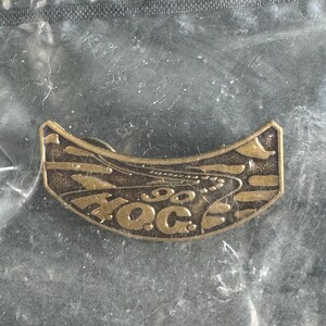 May include: A curved, bronze-toned metal pin featuring a textured surface with abstract patterns and the letters H.O.G. prominently displayed in the center. The pin has a distinct arch shape and a weathered, metallic finish throughout its design.