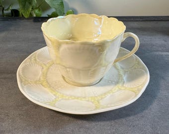 Vintage 1940s Belleek Neptune Teacup and Saucer Set, 1st Green Mark, Irish Parian China Green Accent Shell Cabinet Cup Flawless