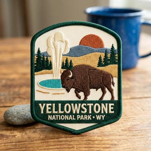 May include: An embroidered patch featuring a brown bison, a geyser, pine trees, and a sun over a landscape. The patch has a dark green border and the text YELLOWSTONE NATIONAL PARK WY in white lettering on a dark green background at the bottom.