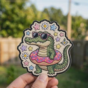 May include: An embroidered patch featuring a green alligator wearing pink sunglasses and floating inside a pink donut with colorful sprinkles. The background of the patch is cream-colored and decorated with small pastel-colored stars and white daisies.